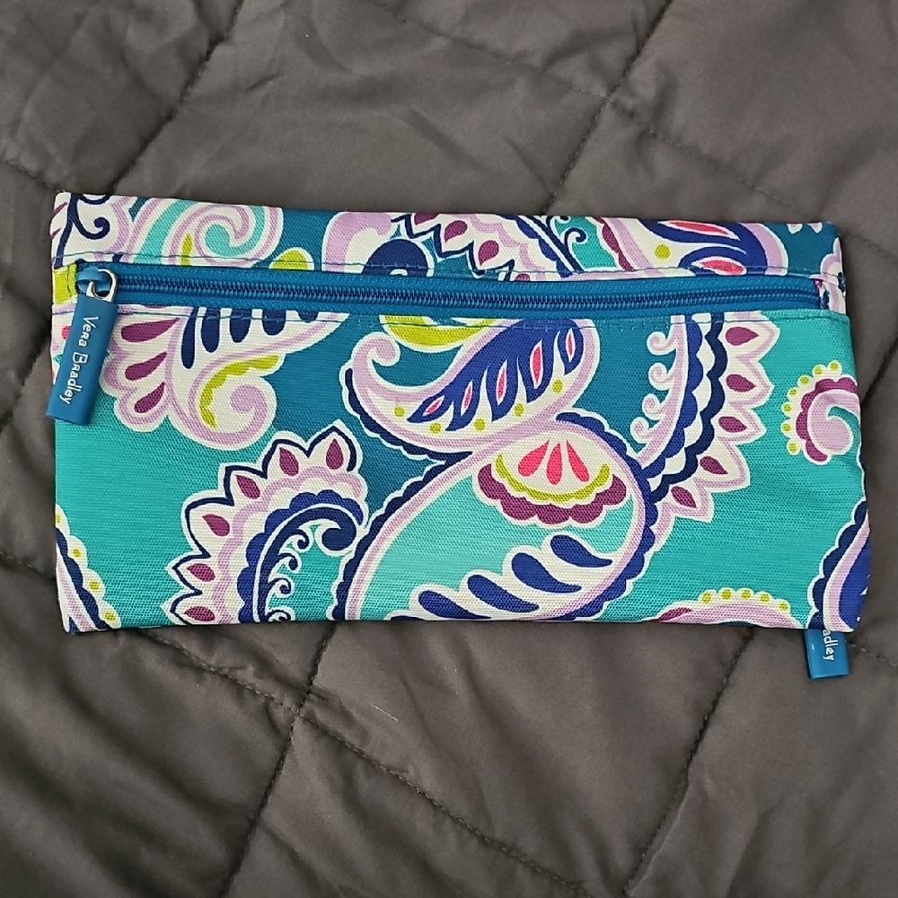 Vera Bradley Teal and Pink Paisley Pouch With 2 Side Zipper Pockets, 10L X 5.5 W
